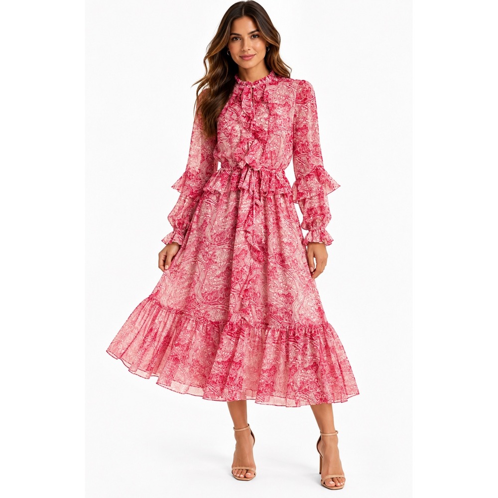 Ted Baker Alissia Midi Dress Size 8 Pink Botanical Ruffle Long Sleeve Boho EUC